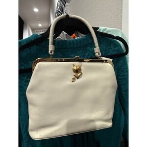 ~50s-60s Saber White Leather Handbag Gold Knight Helmet Sword Emblem Frame